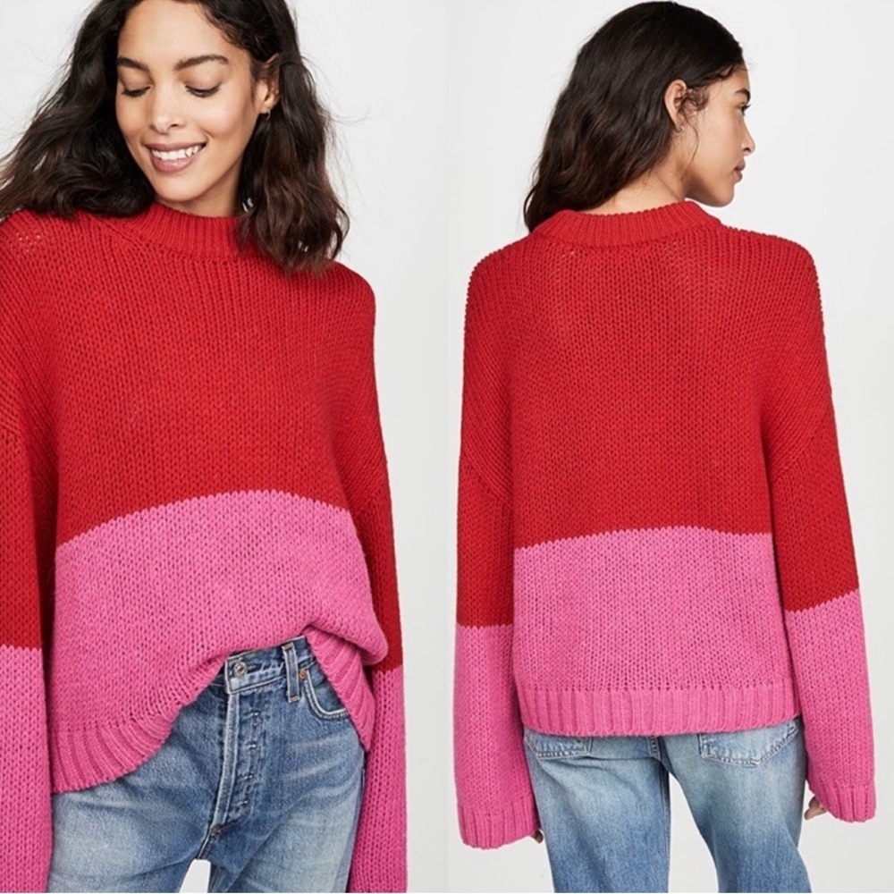 Xirena Red Pink Crewneck Sweater Colorblock‎ Alpaca Pullover